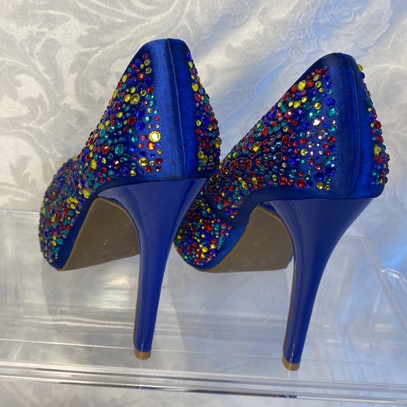 INC international concepts blue satin stiletto heels colorful rhinestones 6 - Picture 3 of 11